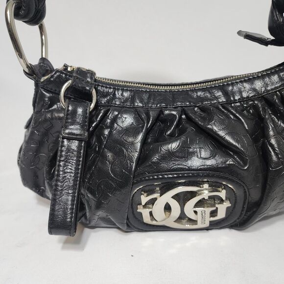 Guess Y2K Black Vegan Leather GGG Logo Embossed Mini Shoulder Hobo Bag Purse VTG - Picture 9 of 16
